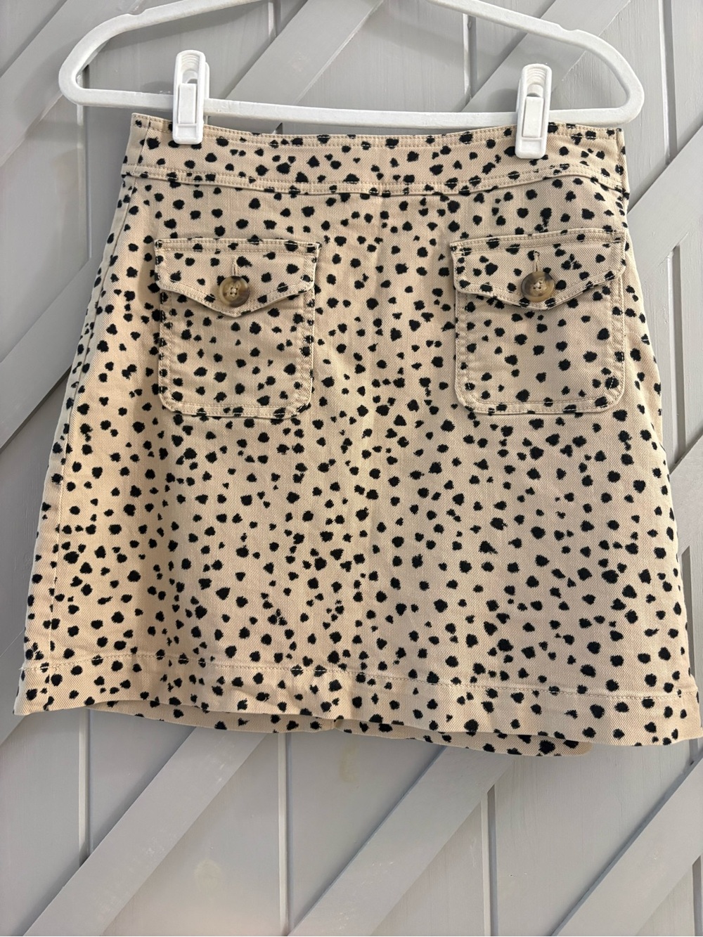 LOFT Taupe Mini Skirt with Black Spot Print and Front Pockets